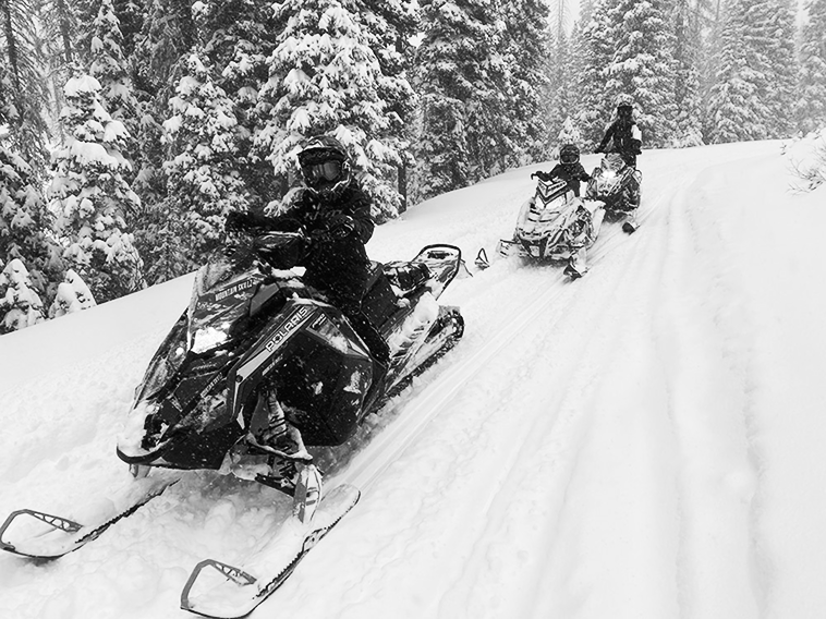 three people snowmobiling